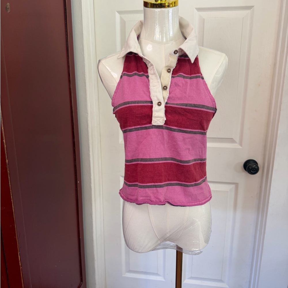 We The Free Pink and Red Striped Tank Top with Buttoned Collar